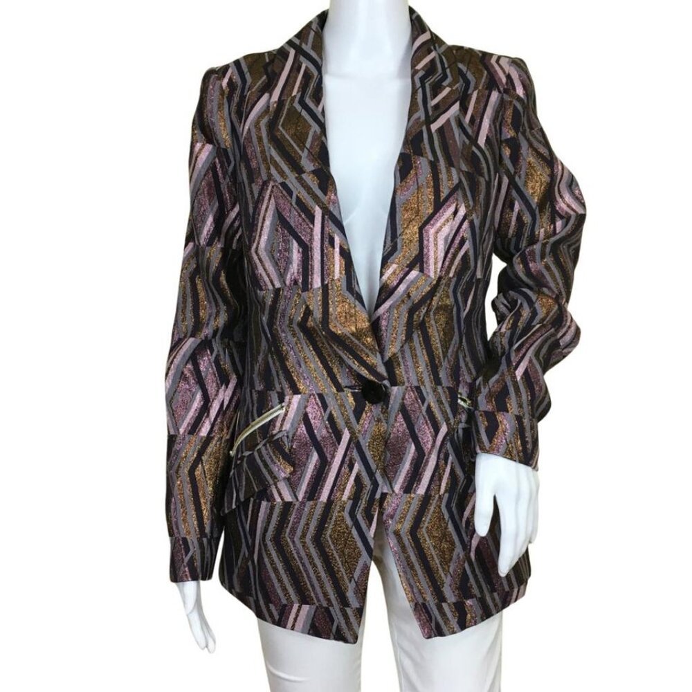 Pre-Owned Ramy Brook Women's Basic Jacket Asymetrical Stripes Metallic Sz 4